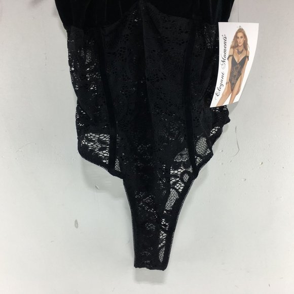 Elegant Moments Off the Shoulder Deep V Lace Bodysuit, Women's Size 2X - Black - Picture 10 of 12